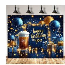 1 Stück Glücklicher Geburtstag Blau & Gold Banner - Strapazierfähiger Polyester Hintergrund mit Bierkrug Design, Luftballons, Geschenken und Konfetti, geeignet für Party Dekoration, Geburtstags Party Dekoration