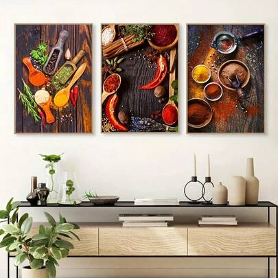 3 piezas Pintura en lienzo de especias y pimienta de cocina, póster y impresiones de fotografía de restaurante de especias, hierbas y chiles, arte de pared para decoración del comedor y el hogar sin marco