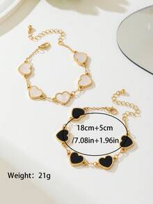 2pcs Fashionable Minimalist Elegant Heart-Shaped Valentine's Day Bracelet Set, Black & White, Versatile For Women - Black and White - View 6