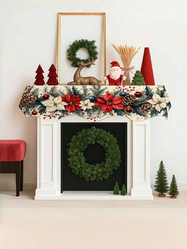 1pc Christmas Red Floral And Berry 2D Printed Fireplace Scarf Fireplace Cover -78.7x19.6-Inch Polyester Tablecloth, Holiday Home Decoration, Living Room, Winter, Christmas Decoration, Christmas Decoration Christmas Decorations Room Decor