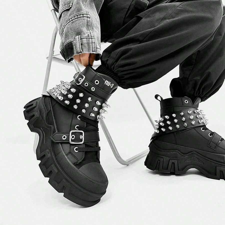 SLnU3 SLNU★3 Fashion Casual Thick Sole Punk Decorated Elevator Boots, Unisex Couple Style, Suitable For Outdoor, Party, Street, Campus, All Seasons - Black Cones - View 1