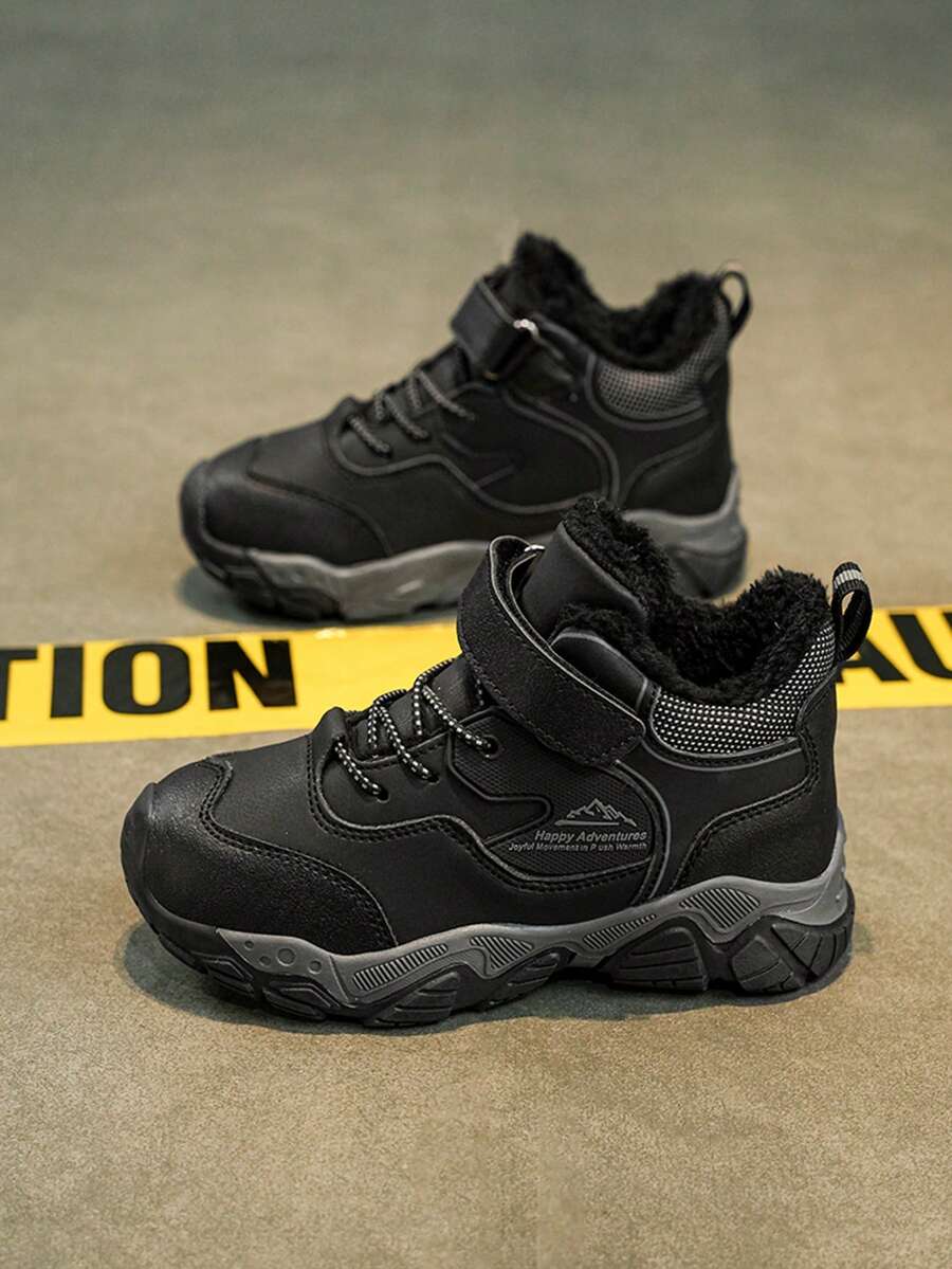 1 Pair Children's High-Top Warm Sports Shoes, Thermal-Lined Thick Warm Non-Slip Mid-Top Hiking Shoes, Suitable For Children And Teenagers Outdoor Wear In Winter, Fashionable And Stylish For Boys - Black - View 1