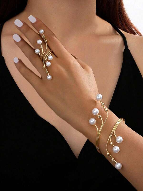 1 Set Cute Line Pattern Pearl Bracelet & Ring Gift Set For Women