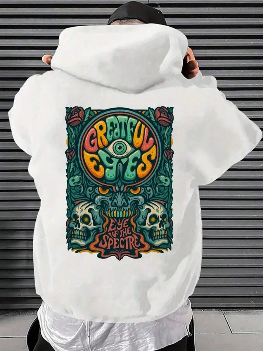 Back Panel Band Pattern Hoodie, Grateful Eyes Skull Creative Print Men's Fashion Hooded Sweatshirt, Casual Y Style Pullover For Autumn And Winter,Fall Hoodies,Men's Fall Clothes,Street Wear,Halloween,Mens Hoodies,Y2k Clothes,Jesus Hoodie,Thanksgiving Day,Nightmare Before Christmas,Christmas - 白色 - 查看 1