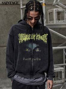 男士复古水洗图案拉链连帽运动衫，深色美式街头风格，秋季 - 黑色 - 查看 3