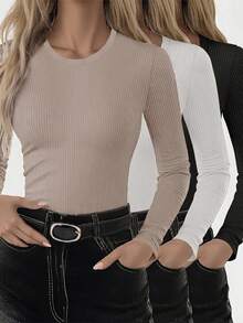 Women's 3-Pack Ribbed Crew Neck Long Sleeve Tops - Slim Fit Solid Color Basic Tees Set,Soft Stretch Casual Minimalist Solid Top Set, Comfy Fall Winter Layering Essential T Shirts - Nhiều màu - Xem 1