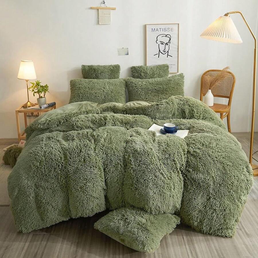 Plush Shaggy Duvet Cover Set, Ultra Soft Fluffy Bedding Sets 3 Pieces (1 Fuzzy Comforter Cover + 2 Pillow Cases), Zipper Close (, Pink), Luxury Bedding - 鼠尾草綠 - 查看 1