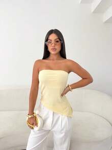 Women's Asymetrical Ribbed Dress - With Pads - Side Slit Simple Casual Backless Asymmetrical Split Evening - 糖果黃 - 查看 1