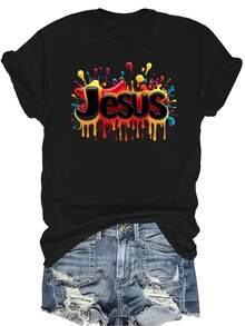 [Camiseta de Moda Casual] Camiseta de Mujer Suave y Cómoda - Salpicadura de Color de Jesús Arte Casual de Manga Corta Cuello Redondo, Regalo Perfecto para Abuela y Mamá, Uso Casual de Primavera Verano - Negro - Ver 1