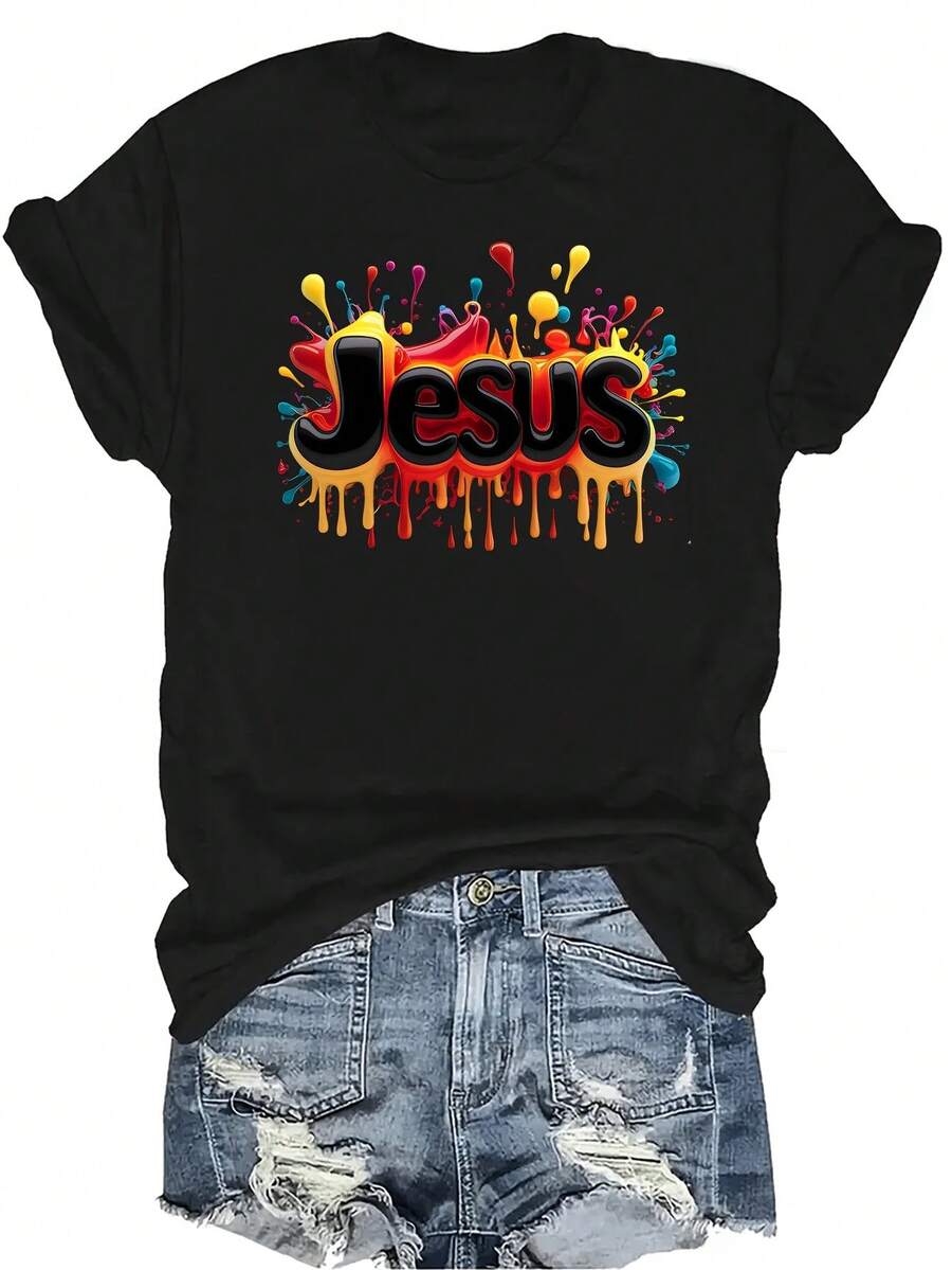 [Camiseta de Moda Casual] Camiseta de Mujer Suave y Cómoda - Salpicadura de Color de Jesús Arte Casual de Manga Corta Cuello Redondo, Regalo Perfecto para Abuela y Mamá, Uso Casual de Primavera Verano - Negro - Ver 1