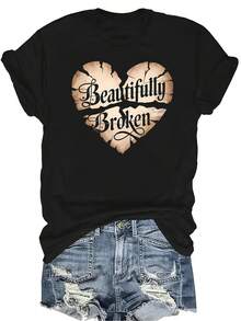 [Camiseta de moda casual] Camiseta de mujer suave y cómoda - Camiseta de manga corta de cuello redondo con arte de corazón roto de manera hermosa, regalo perfecto para la abuela y la mamá, uso casual de primavera y verano - Negro - Ver 1