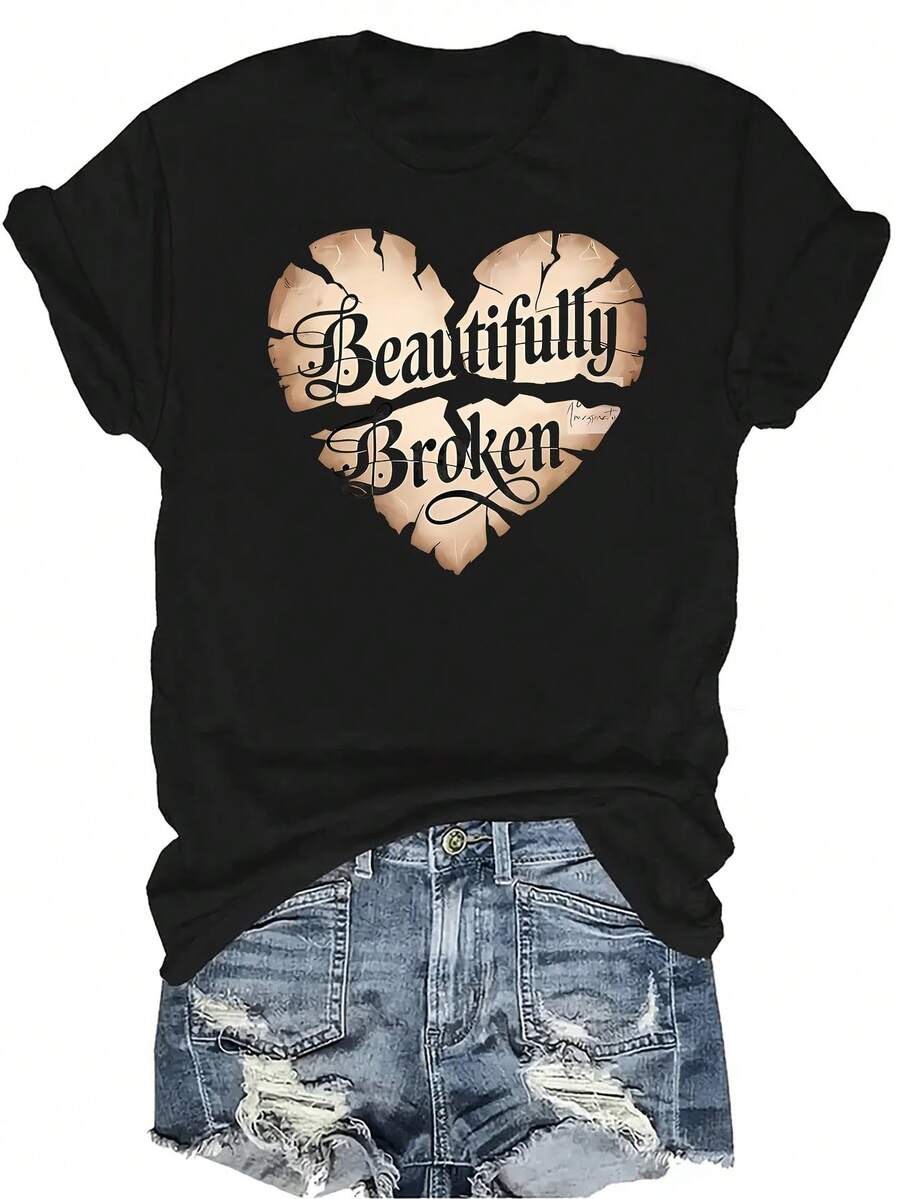 [Camiseta de moda casual] Camiseta de mujer suave y cómoda - Camiseta de manga corta de cuello redondo con arte de corazón roto de manera hermosa, regalo perfecto para la abuela y la mamá, uso casual de primavera y verano - Negro - Ver 1
