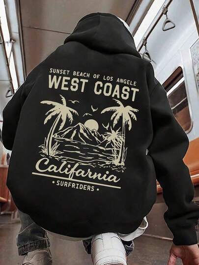 Men Plus Size Y2K Vintage West Coast Graphic Hoodie, California Sunset Beach Palm Tree Design, Loose Streetwear Fall Winter Hooded Sweatshirt, Warming