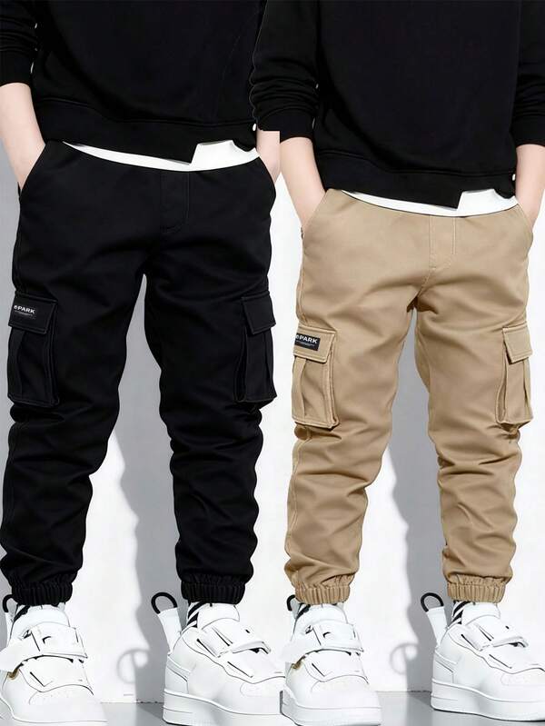 2pcs Young Boy Fashion Minimalist Sporty Multi-Pocket Cargo Pants