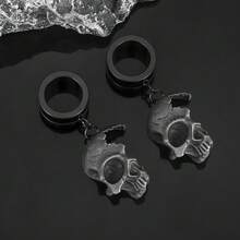 2PCS New Stainless Steel Ear Plugs Tunnels Ear Gauge Stretcher Fashion Halloween Skull Dangle Earrings Body Piercing Jewelry Women Men