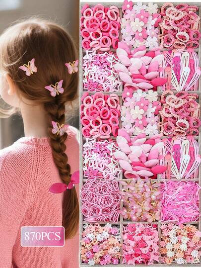 870pcs/Set Girls & Teens Pink Minimalist Basic Princess Hair Ties, Star/Bow Hair Clips, Pearl Flower Hair Barrettes, BB Clips Combo Hair Accessories Set, Suitable For Daily Use And Gift