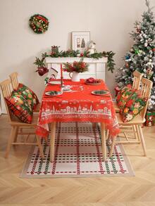 1 pieza Mantel con estampado navideño y relieve, Cubierta de mesa con tema navideño de poliéster con adorno de encaje para sala de estar, dormitorio, cocina, decoración navideña