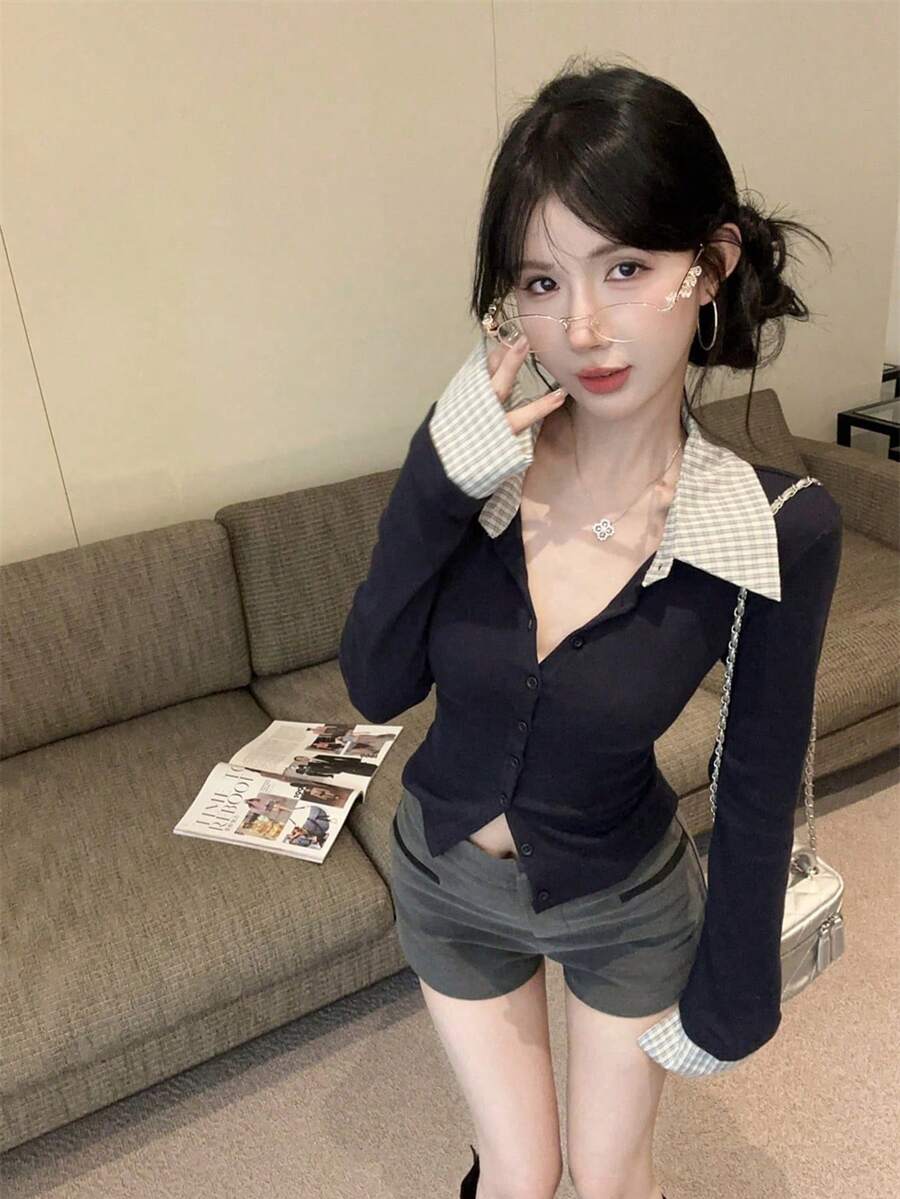 甜美与辛辣二合一拼接修身短款Polo领长袖上衣 - 藏青色 - 查看 1