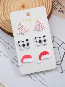Set de 3 pares de aretes colgantes de moda navideña con diseños de árbol de Navidad, gorro de Santa, moño, hechos de acrílico y arcilla falsa pintada, como regalo para Navidad, fiestas y temporada de invierno