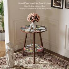 LOVEWE Double-Layer Mandala Pattern Side Table, Retro Mini Decorative Table, Bedside Table Suitable For Small Spaces, Single Plant Shelf, Indoor Round Bedside Table, Suitable For Bedrooms, Terraces, Corner Balconies, Medieval Modern Style Coffee Table - 雙層邊桌 - 查看 2