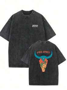 Vintage Streetwear Oversized Drop Shoulder T-Shirt - Soft Cotton, Relaxed Fit, Acid Wash, Unisex Design, Baggy Hip Hop Style, Free Spirit Print - Perfect For Casual Outings Fashion Design Soft Fabric  Loose Fit Unisex Retro Street Style - 黑色 - 查看 1