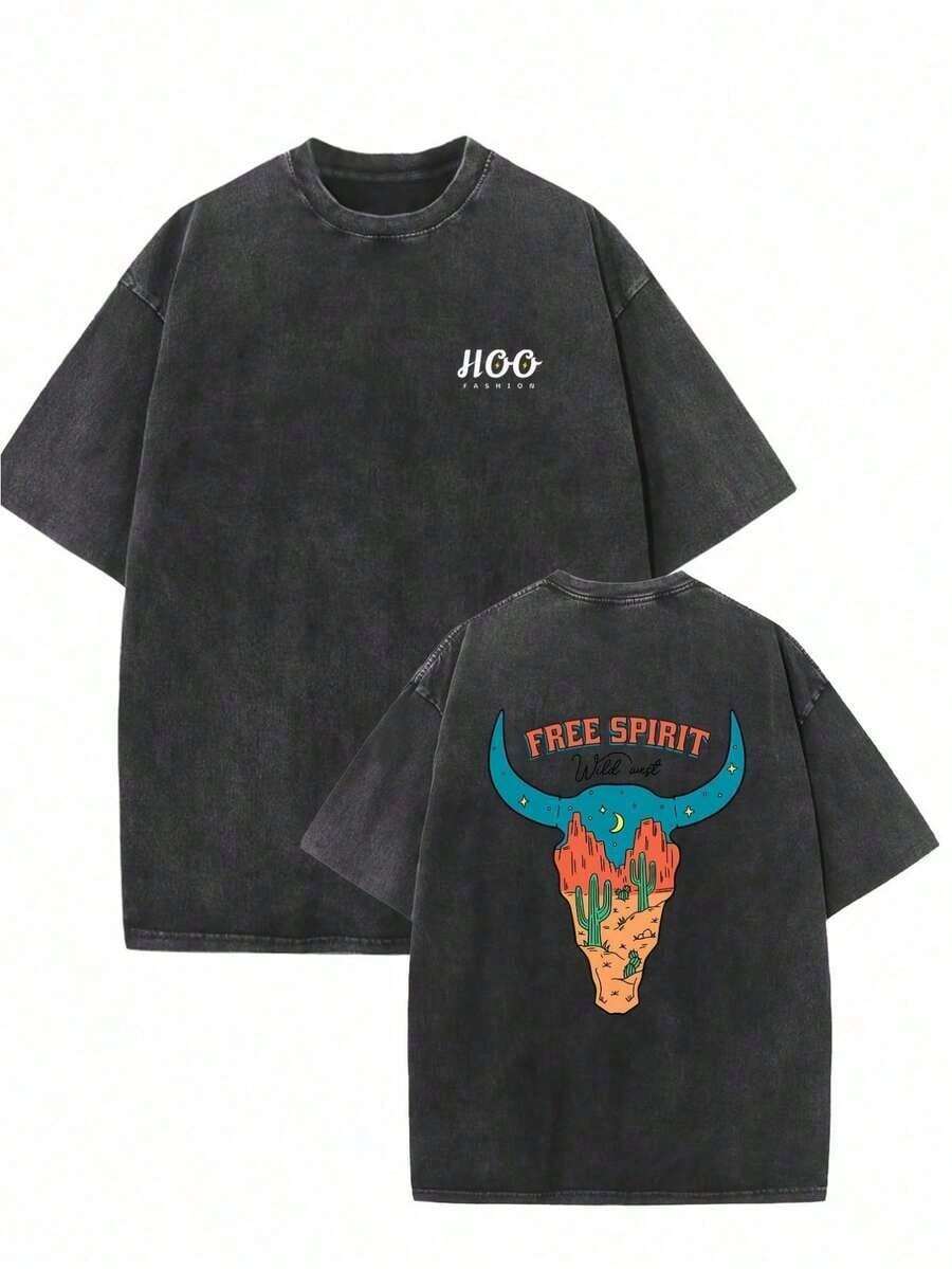 Vintage Streetwear Oversized Drop Shoulder T-Shirt - Soft Cotton, Relaxed Fit, Acid Wash, Unisex Design, Baggy Hip Hop Style, Free Spirit Print - Perfect For Casual Outings Fashion Design Soft Fabric Loose Fit Unisex Retro Street Style - 黑色 - 查看 1