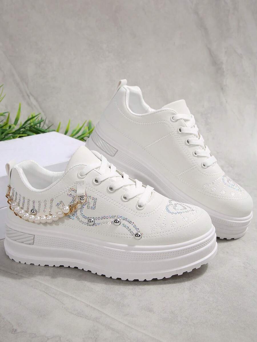 1 Pair Women's Pink Thick Sole Round Toe Cute Comfortable Casual Sneakers, Embroidered Faux Pearl Chain Decor, Size 36-41 (Run Small) - White - View 1