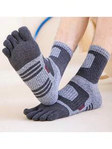 3双装男士加厚毛圈缓冲五指袜，保暖隔热五指袜，运动徒步袜，纯棉中筒袜，吸湿排汗，防滑，耐穿，及踝袜 - 彩色 - 查看 7