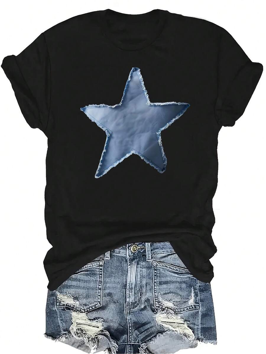 [Camiseta de Moda Casual] Camiseta de mujer suave y cómoda - Camiseta de manga corta de cuello redondo con estampado de estrella azul, regalo perfecto para la abuela y la mamá, uso casual de primavera y verano - Negro - Ver 1