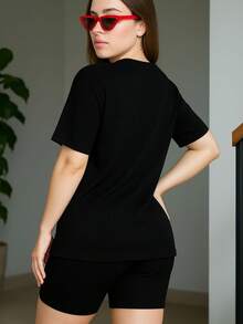 Set playera larga shorts biker dama juvenil fresco cómoda casual informal casa loungewear conjunto básico México - Negro - Ver 3