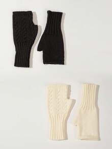 2 Paar einfarbige Stoff-Fingerlose Handschuhe, warme offene Finger Halbfäustlinge für Schule, Zuhause, Alltag, Outdoor im Winter, Büro, Tippen, Schreiben, Handynutzung, einfach & vielseitig, lange gestrickte Manschette