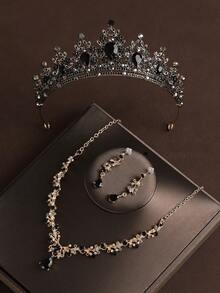 4pcs Black Bridal Crown, Necklace, Earrings Jewelry Set, Elegant Wedding Party Accessories