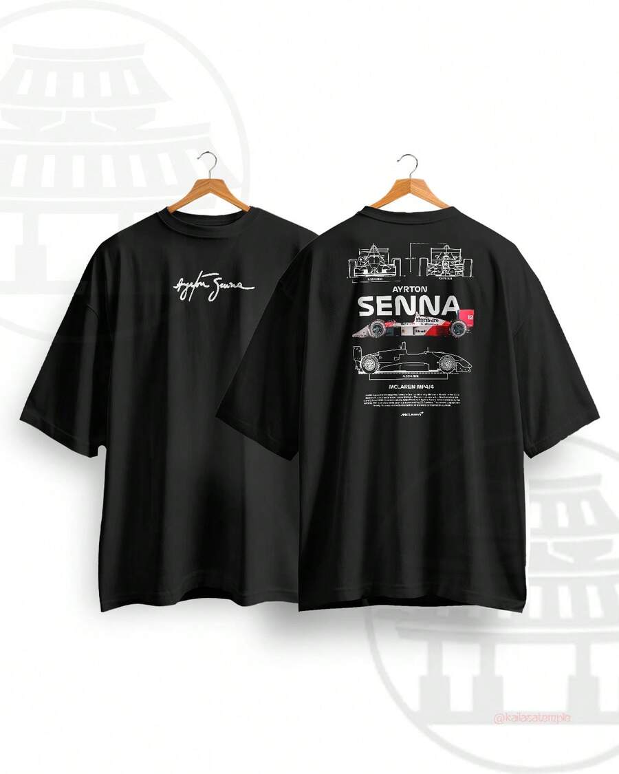 Unisex Streetwear T-Shirt – Ayrto Senn@ McL@Ren MP4 – 100% Cotton, Classic Racing Design - 黑色 - 查看 1