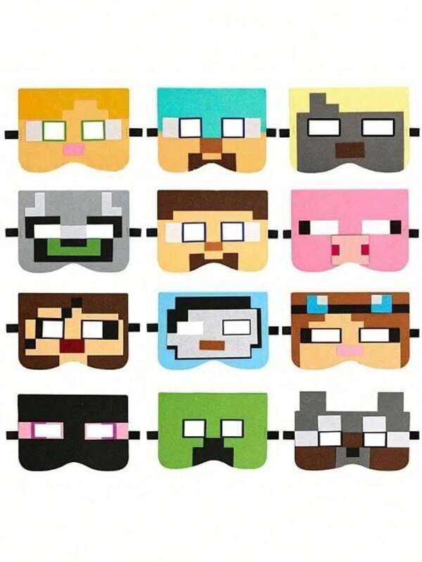 Minecraft 12 قناع بتصميم ألعاب ماينكرافت البكسلية - ستيف، ألكس، قروي، أدوات تصوير ممتعة، مناسبة للعطلات والكريسماس والتجمعات العائلية وحفلات عيد الميلاد والزي التنكري
