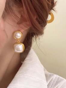 1 Pair Golden Pearl Geometric Dangle Earrings, Elegant French Style Versatile Earrings For Casual, Holiday, Party, Evening Wear - Vàng - Xem 7