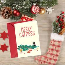 1pc Elegant Christmas Greeting Cards With Adorable Cat & Tree Design - Festive Holiday Party Invitations, Thank You Notes, And Blessing Cards For Friends, Includes Envelopes, Perfect For Christmas Gifts, Christmas Greeting Cards
