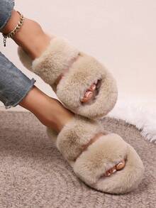 加大码经典百搭圆头蓬松一脚蹬厚底舒适居家/度假休闲拖鞋，简约优雅，双带增高，柔软高贵卡其色女士时尚纯色仿皮草拖鞋 - 卡其色 - 查看 3