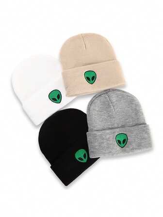 1 pieza Nuevo gorro de punto bordado con diseño de extraterrestre para otoño e invierno, gorro térmico para exteriores, gorro para parejas, adecuado para ciclismo, esquí, etc. Ropa de invierno para hombre