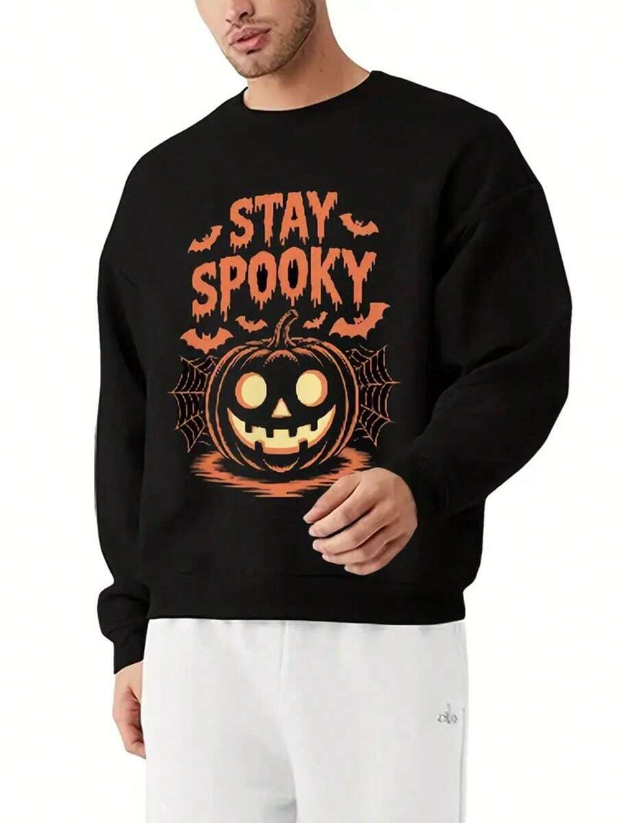 Men's Spooky Halloween Sweatshirt - Black With Orange & Bat Print, Oversized Loose Fit Cotton-Polyester Blend Long Sleeve Pullover,Fall Hoodies,Men's Fall Clothes,Street Wear,Halloween,Mens Hoodies,Y2k Clothes,Jesus Hoodie,Thanksgiving Day,Nightmare Before Christmas,Christmas - màu đen - Xem 1