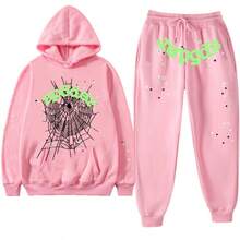 Casual Women's Pink Hooded Sweatshirt With Drawstring And Spiderweb Print Long Sleeve Regular Fit Top With Pocket Slight Stretch Woven Fabric - 淺粉色 - 查看 1