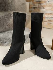 Women's Boots 2025 Autumn New Pointed Toe Knitted Elastic Ankle Boots Thick Heel High Heel Skinny Boots High Heel Socks Boots Slim Solid Color Party Black Boots