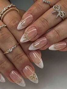 10 szt. Czyste, ręcznie robione, krótkie paznokcie migdałowe, białe i złote paznokcie, francuskie, delikatne, proste, urocze, modne, w stylu kokardki, dla kobiet i dziewcząt, na wiosenne festiwale, imprezy i codzienne życie