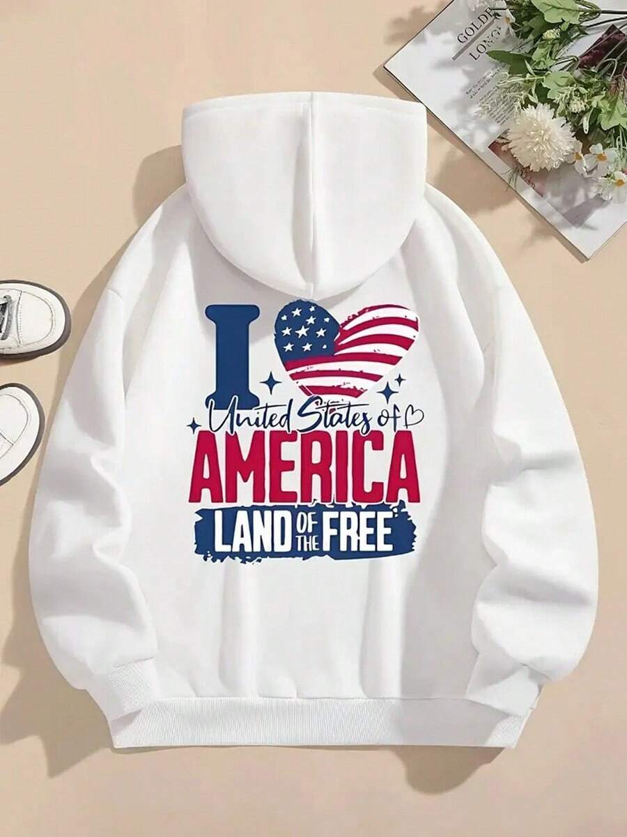 MEN'S Heart And National Flag Pattern Casual Loose Hoodie, Machine Washable Patriotic Style Printed Comfortable MEN'S Hoodie, MEN'S Hooded Sweatshirt, Suitable For All Seasons,Fall Hoodies,Men's Fall Clothes,Street Wear,Halloween,Mens Hoodies,Y2k Clothes,Jesus Hoodie,Thanksgiving Day,Nightmare Before Christmas,Christmas - 白色 - 查看 1
