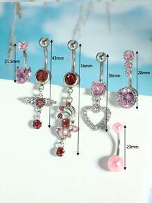 6pcs/Set Dangling Belly Button Rings, Women's 14G Stainless Steel Dangle Belly Button Ring Set With Heart Shaped Navel Piercing Jewelry, Valentine's Day Gift - Mix Belly Ring - View 13