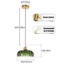 Vintage Green Glass Pendant Light - Flower - Shaped Hanging Lamp With Brass Accents For Bedroom, Living Room, Dining Room & Kitchen - Green - View 10