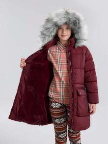 SOLOCOTE Tween Girls' Padded Coat, Mid-Length, Thick Thermal Lined, Warm For Winter - Burgundy - View 2