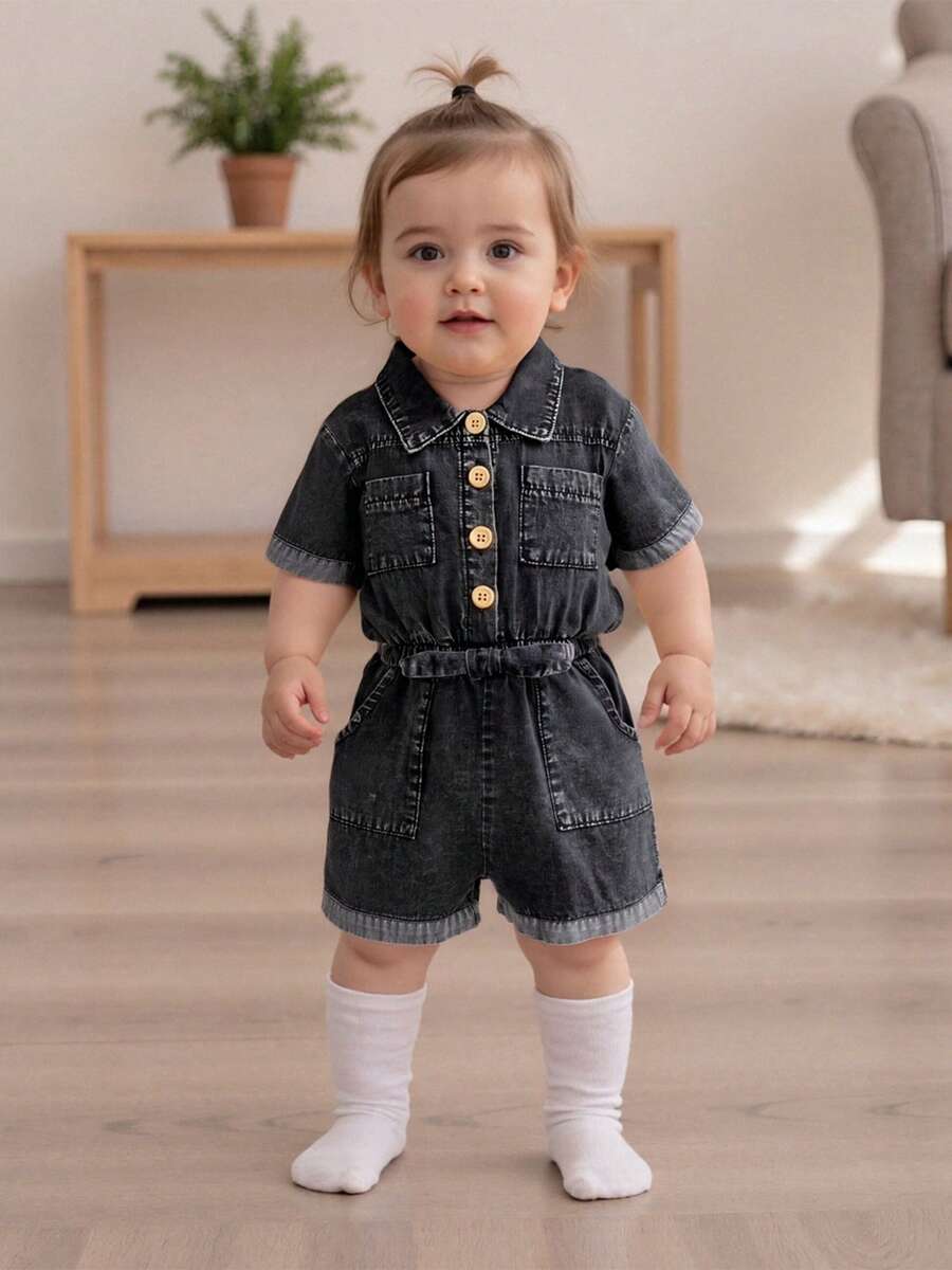 Toddler Girls Denim Overalls Shorts Short Sleeves Turn Down Collar Button Down Elastic Waist Jean Romper - Black - View 1