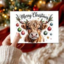 1pc Funny Highland Cattle Christmas Card - Festive Red & Green Holiday Greeting Card With Antlers, Perfect For Birthdays, Thanksgiving, Halloween, And Any Occasion, Ideal Gift For Friends, Family, And Besties, Festive Greeting Card | Playful Design | Durable Paper, Christmas Decorations, Highland Cow Christmas Card, Highland Cow Card, Dog Welcome Banner