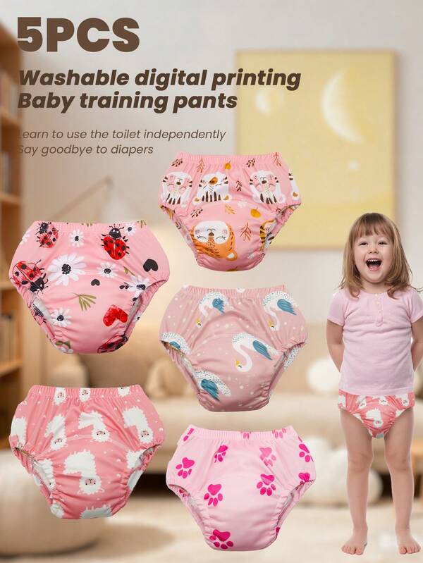 5pcs Washable Digital Print Potty Training Pants, Unisex Baby/Toddler Reusable Toilet Learning Underwear