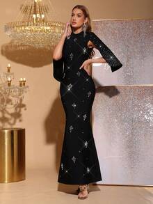 新款性感圆领披肩袖露背镂空热钻绷带长款黑色连衣裙，适合女士婚礼、派对、正式晚宴等场合。 - 黑色 - 查看 4